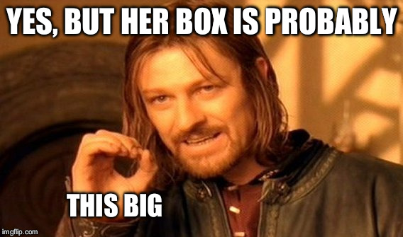 One Does Not Simply Meme | YES, BUT HER BOX IS PROBABLY THIS BIG | image tagged in memes,one does not simply | made w/ Imgflip meme maker