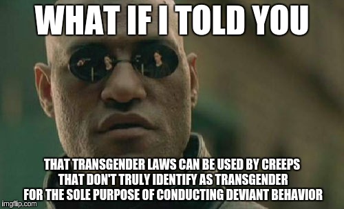 Matrix Morpheus Meme | WHAT IF I TOLD YOU; THAT TRANSGENDER LAWS CAN BE USED BY CREEPS THAT DON'T TRULY IDENTIFY AS TRANSGENDER FOR THE SOLE PURPOSE OF CONDUCTING DEVIANT BEHAVIOR | image tagged in memes,matrix morpheus | made w/ Imgflip meme maker