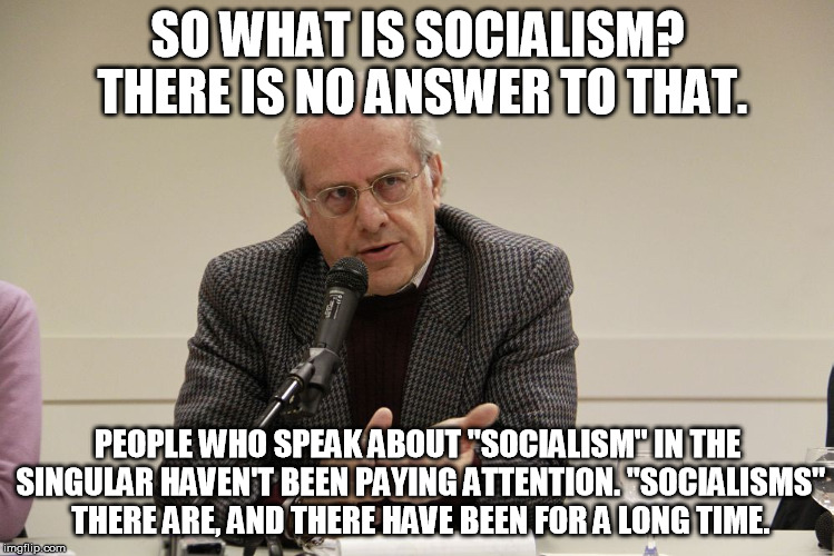 SO WHAT IS SOCIALISM? THERE IS NO ANSWER TO THAT. PEOPLE WHO SPEAK ABOUT "SOCIALISM" IN THE SINGULAR HAVEN'T BEEN PAYING ATTENTION. "SOCIALISMS" THERE ARE, AND THERE HAVE BEEN FOR A LONG TIME. | made w/ Imgflip meme maker