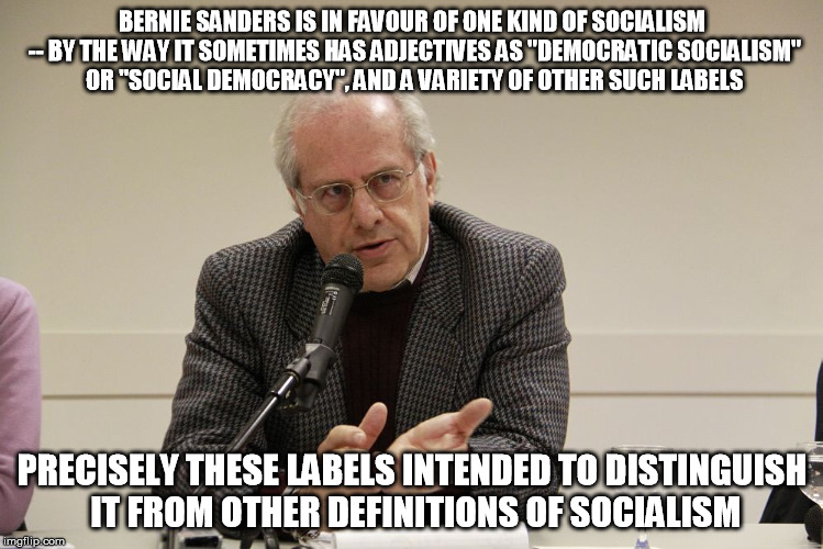 BERNIE SANDERS IS IN FAVOUR OF ONE KIND OF SOCIALISM -- BY THE WAY IT SOMETIMES HAS ADJECTIVES AS "DEMOCRATIC SOCIALISM" OR "SOCIAL DEMOCRACY", AND A VARIETY OF OTHER SUCH LABELS; PRECISELY THESE LABELS INTENDED TO DISTINGUISH IT FROM OTHER DEFINITIONS OF SOCIALISM | made w/ Imgflip meme maker