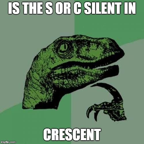 Philosoraptor | IS THE S OR C SILENT IN; CRESCENT | image tagged in memes,philosoraptor | made w/ Imgflip meme maker