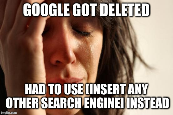 First World Problems Meme | GOOGLE GOT DELETED HAD TO USE [INSERT ANY OTHER SEARCH ENGINE] INSTEAD | image tagged in memes,first world problems | made w/ Imgflip meme maker