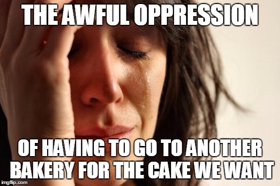 First World Problems Meme | THE AWFUL OPPRESSION OF HAVING TO GO TO ANOTHER BAKERY FOR THE CAKE WE WANT | image tagged in memes,first world problems | made w/ Imgflip meme maker