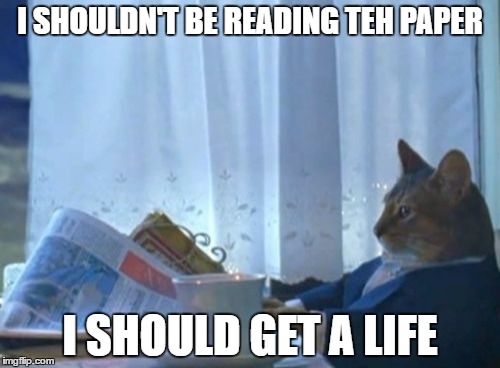 I Should Buy A Boat Cat | I SHOULDN'T BE READING TEH PAPER; I SHOULD GET A LIFE | image tagged in memes,i should buy a boat cat | made w/ Imgflip meme maker