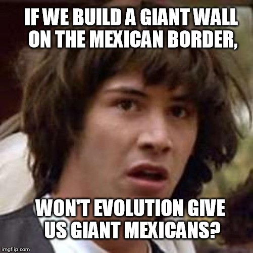 This Problem Could Be Yuuuge! | IF WE BUILD A GIANT WALL ON THE MEXICAN BORDER, WON'T EVOLUTION GIVE US GIANT MEXICANS? | image tagged in memes,conspiracy keanu,mexico,trump wall | made w/ Imgflip meme maker