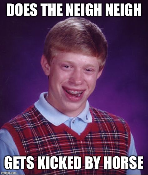 Bad Luck Brian Meme | DOES THE NEIGH NEIGH; GETS KICKED BY HORSE | image tagged in memes,bad luck brian | made w/ Imgflip meme maker