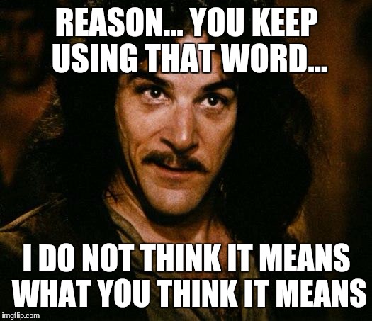 Inigo Montoya Meme | REASON... YOU KEEP USING THAT WORD... I DO NOT THINK IT MEANS WHAT YOU THINK IT MEANS | image tagged in memes,inigo montoya | made w/ Imgflip meme maker