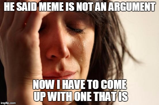 First World Problems Meme | HE SAID MEME IS NOT AN ARGUMENT; NOW I HAVE TO COME UP WITH ONE THAT IS | image tagged in memes,first world problems | made w/ Imgflip meme maker