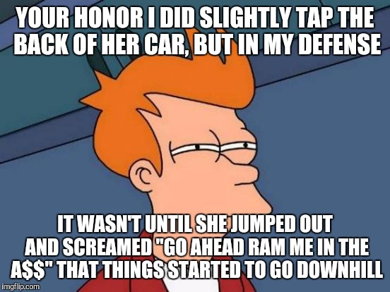 Futurama Fry Meme | YOUR HONOR I DID SLIGHTLY TAP THE BACK OF HER CAR, BUT IN MY DEFENSE; IT WASN'T UNTIL SHE JUMPED OUT AND SCREAMED "GO AHEAD RAM ME IN THE A$$" THAT THINGS STARTED TO GO DOWNHILL | image tagged in memes,futurama fry | made w/ Imgflip meme maker