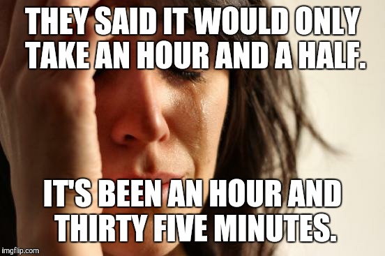 First World Problems | THEY SAID IT WOULD ONLY TAKE AN HOUR AND A HALF. IT'S BEEN AN HOUR AND THIRTY FIVE MINUTES. | image tagged in memes,first world problems | made w/ Imgflip meme maker