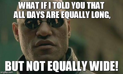 Matrix Morpheus | WHAT IF I TOLD YOU THAT ALL DAYS ARE EQUALLY LONG, BUT NOT EQUALLY WIDE! | image tagged in memes,matrix morpheus | made w/ Imgflip meme maker