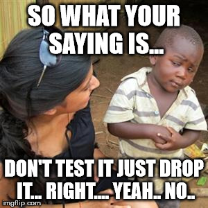 so youre telling me | SO WHAT YOUR SAYING IS... DON'T TEST IT JUST DROP IT... RIGHT.... YEAH.. NO.. | image tagged in so youre telling me | made w/ Imgflip meme maker