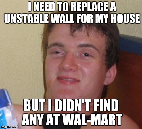 10 Guy | I NEED TO REPLACE A UNSTABLE WALL FOR MY HOUSE; BUT I DIDN'T FIND ANY AT WAL-MART | image tagged in memes,10 guy | made w/ Imgflip meme maker