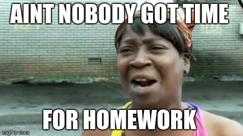 Ain't Nobody Got Time For That Meme | AINT NOBODY GOT TIME; FOR HOMEWORK | image tagged in memes,aint nobody got time for that | made w/ Imgflip meme maker