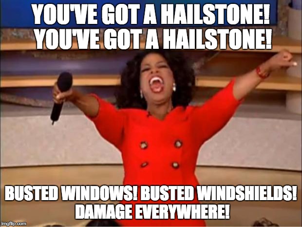 Oprah You Get A | YOU'VE GOT A HAILSTONE! YOU'VE GOT A HAILSTONE! BUSTED WINDOWS! BUSTED WINDSHIELDS! DAMAGE EVERYWHERE! | image tagged in memes,oprah you get a | made w/ Imgflip meme maker