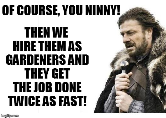OF COURSE, YOU NINNY! THEN WE HIRE THEM AS GARDENERS AND THEY GET THE JOB DONE TWICE AS FAST! | made w/ Imgflip meme maker