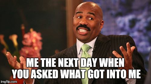 ME THE NEXT DAY WHEN YOU ASKED WHAT GOT INTO ME | image tagged in memes,steve harvey | made w/ Imgflip meme maker