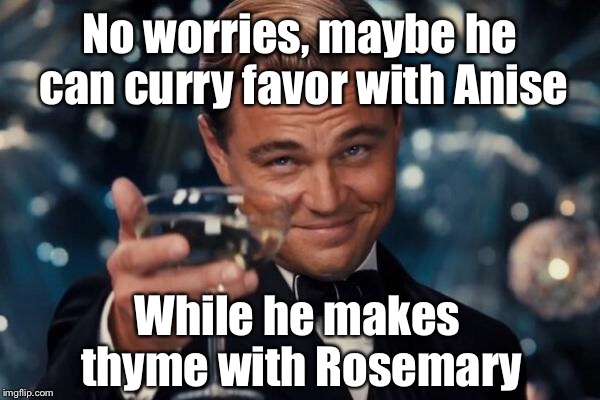Leonardo Dicaprio Cheers Meme | No worries, maybe he can curry favor with Anise While he makes thyme with Rosemary | image tagged in memes,leonardo dicaprio cheers | made w/ Imgflip meme maker