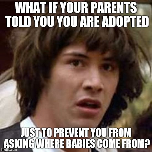 Conspiracy Keanu Meme | WHAT IF YOUR PARENTS TOLD YOU YOU ARE ADOPTED; JUST TO PREVENT YOU FROM ASKING WHERE BABIES COME FROM? | image tagged in memes,conspiracy keanu | made w/ Imgflip meme maker