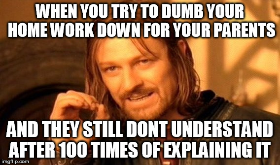 One Does Not Simply Meme | WHEN YOU TRY TO DUMB YOUR HOME WORK DOWN FOR YOUR PARENTS; AND THEY STILL DONT UNDERSTAND AFTER 100 TIMES OF EXPLAINING IT | image tagged in memes,one does not simply | made w/ Imgflip meme maker