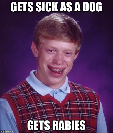 Bad Luck Brian | GETS SICK AS A DOG; GETS RABIES | image tagged in memes,bad luck brian | made w/ Imgflip meme maker