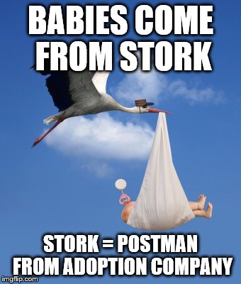 BABIES COME FROM STORK STORK = POSTMAN FROM ADOPTION COMPANY | made w/ Imgflip meme maker