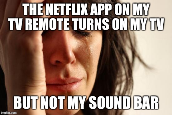 First World Problems Meme | THE NETFLIX APP ON MY TV REMOTE TURNS ON MY TV; BUT NOT MY SOUND BAR | image tagged in memes,first world problems,AdviceAnimals | made w/ Imgflip meme maker