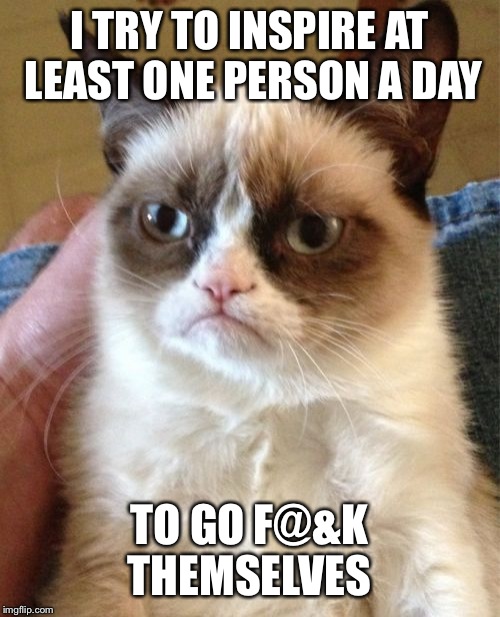 They just need some encouragement  | I TRY TO INSPIRE AT LEAST ONE PERSON A DAY; TO GO F@&K THEMSELVES | image tagged in memes,grumpy cat,latest,featured | made w/ Imgflip meme maker