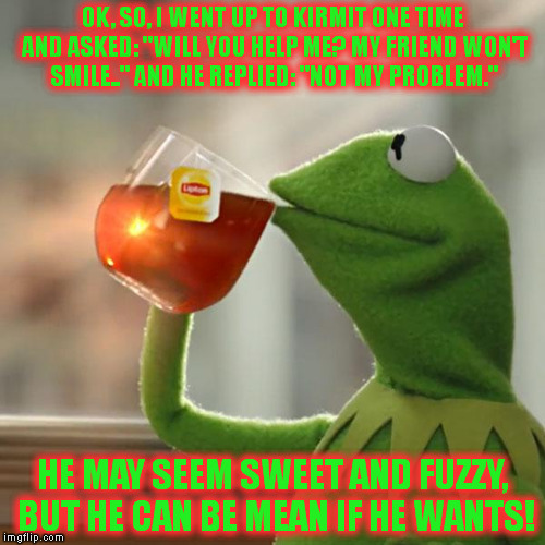 But That's None Of My Business Meme | OK, SO, I WENT UP TO KIRMIT ONE TIME AND ASKED: "WILL YOU HELP ME? MY FRIEND WON'T SMILE.." AND HE REPLIED: "NOT MY PROBLEM."; HE MAY SEEM SWEET AND FUZZY, BUT HE CAN BE MEAN IF HE WANTS! | image tagged in memes,but thats none of my business,kermit the frog | made w/ Imgflip meme maker