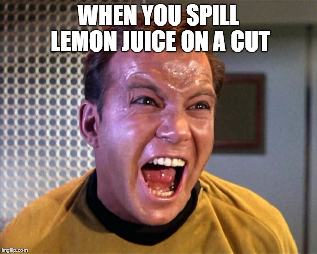 Captain Kirk Screaming | WHEN YOU SPILL LEMON JUICE ON A CUT | image tagged in captain kirk screaming | made w/ Imgflip meme maker