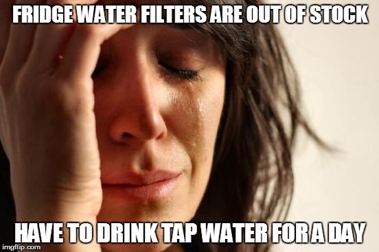 First World Problems Meme | FRIDGE WATER FILTERS ARE OUT OF STOCK; HAVE TO DRINK TAP WATER FOR A DAY | image tagged in memes,first world problems,AdviceAnimals | made w/ Imgflip meme maker