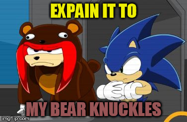 When Eggman says he'll explain.... | EXPAIN IT TO; MY BEAR KNUCKLES | image tagged in sonic the hedgehog,sonic and knuckles stack,bear suit,bear,pun | made w/ Imgflip meme maker
