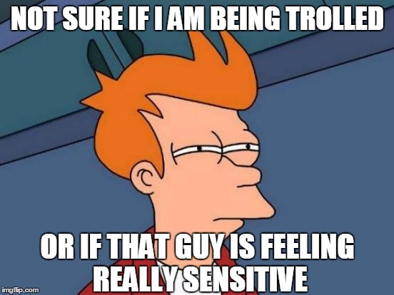 Things that make you go Hmmmmm | NOT SURE IF I AM BEING TROLLED; OR IF THAT GUY IS FEELING REALLY SENSITIVE | image tagged in memes,futurama fry,troll | made w/ Imgflip meme maker