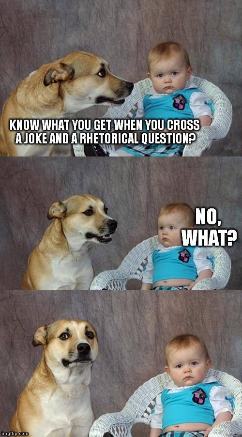 A friend of mine said this one the other day. | KNOW WHAT YOU GET WHEN YOU CROSS A JOKE AND A RHETORICAL QUESTION? NO, WHAT? | image tagged in memes,dad joke dog | made w/ Imgflip meme maker
