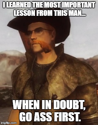 Lessons... (Alchestbreach Edition) | I LEARNED THE MOST IMPORTANT LESSON FROM THIS MAN... WHEN IN DOUBT, GO ASS FIRST. | image tagged in fallout,fallout new vegas,alchestbreach | made w/ Imgflip meme maker