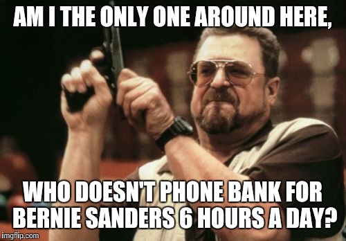 Am I The Only One Around Here Meme | AM I THE ONLY ONE AROUND HERE, WHO DOESN'T PHONE BANK FOR BERNIE SANDERS 6 HOURS A DAY? | image tagged in memes,am i the only one around here,AdviceAnimals | made w/ Imgflip meme maker