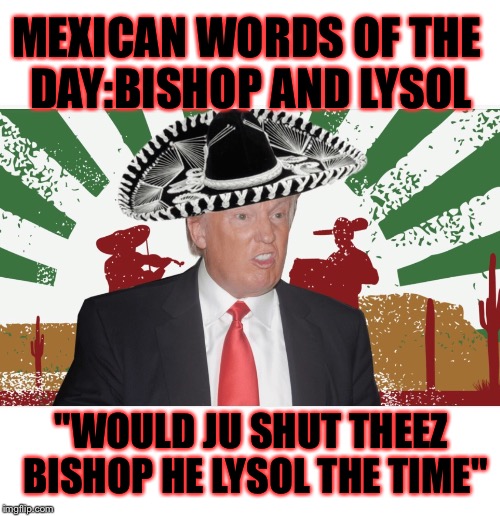 MEXICAN WORDS OF THE DAY:BISHOP AND LYSOL; "WOULD JU SHUT THEEZ BISHOP HE LYSOL THE TIME" | image tagged in trump bishop | made w/ Imgflip meme maker