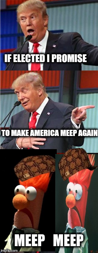 The Meep shall inherit the earth. | IF ELECTED I PROMISE; TO MAKE AMERICA MEEP AGAIN; MEEP   MEEP | image tagged in bad pun trump,scumbag,meep meep,muppets,muppets meme,weeping | made w/ Imgflip meme maker