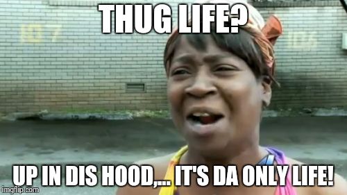 Ain't Nobody Got Time For That Meme | THUG LIFE? UP IN DIS HOOD,... IT'S DA ONLY LIFE! | image tagged in memes,aint nobody got time for that | made w/ Imgflip meme maker