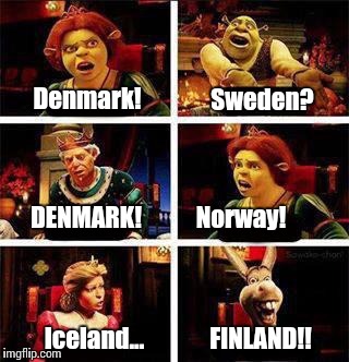 A rough synopsis of Scandinavia | Sweden? Denmark! Norway! DENMARK! Iceland... FINLAND!! | image tagged in scandinavia,denmark,sweden,finland,norway,iceland | made w/ Imgflip meme maker