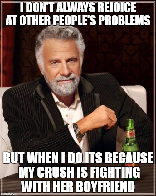 The Most Interesting Man In The World Meme | I DON'T ALWAYS REJOICE AT OTHER PEOPLE'S PROBLEMS; BUT WHEN I DO ITS BECAUSE MY CRUSH IS FIGHTING WITH HER BOYFRIEND | image tagged in memes,the most interesting man in the world,crush | made w/ Imgflip meme maker