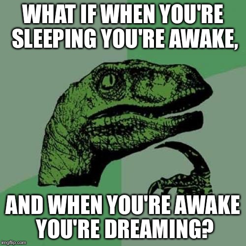 Philosoraptor | WHAT IF WHEN YOU'RE SLEEPING YOU'RE AWAKE, AND WHEN YOU'RE AWAKE YOU'RE DREAMING? | image tagged in memes,philosoraptor | made w/ Imgflip meme maker