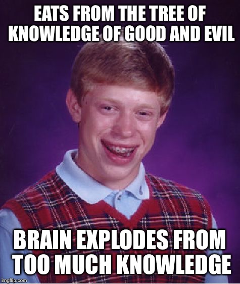 Bad Luck Brian | EATS FROM THE TREE OF KNOWLEDGE OF GOOD AND EVIL; BRAIN EXPLODES FROM TOO MUCH KNOWLEDGE | image tagged in memes,bad luck brian | made w/ Imgflip meme maker