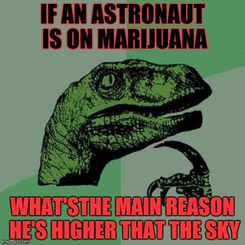 Philosoraptor Meme | IF AN ASTRONAUT IS ON MARIJUANA; WHAT'STHE MAIN REASON HE'S HIGHER THAT THE SKY | image tagged in memes,philosoraptor | made w/ Imgflip meme maker