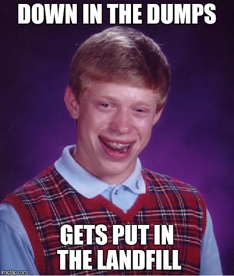Bad Luck Brian | DOWN IN THE DUMPS; GETS PUT IN THE LANDFILL | image tagged in memes,bad luck brian | made w/ Imgflip meme maker