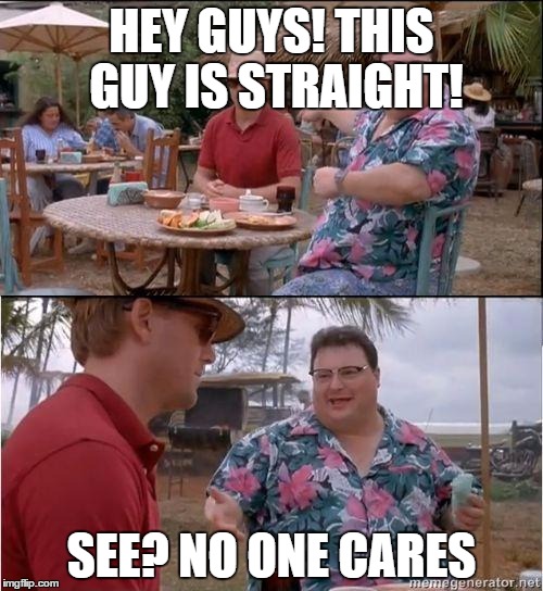 See? No one cares | HEY GUYS! THIS GUY IS STRAIGHT! SEE? NO ONE CARES | image tagged in see no one cares | made w/ Imgflip meme maker