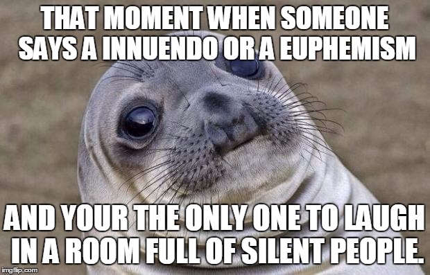 my god, does this only happen to me? | THAT MOMENT WHEN SOMEONE SAYS A INNUENDO OR A EUPHEMISM; AND YOUR THE ONLY ONE TO LAUGH IN A ROOM FULL OF SILENT PEOPLE. | image tagged in memes,awkward moment sealion | made w/ Imgflip meme maker
