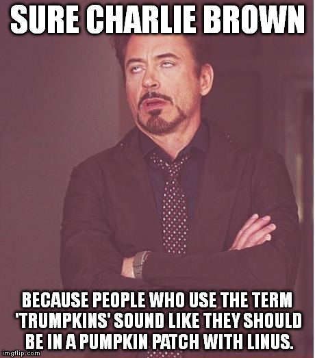 Face You Make Robert Downey Jr Meme | SURE CHARLIE BROWN; BECAUSE PEOPLE WHO USE THE TERM 'TRUMPKINS' SOUND LIKE THEY SHOULD BE IN A PUMPKIN PATCH WITH LINUS. | image tagged in memes,face you make robert downey jr | made w/ Imgflip meme maker