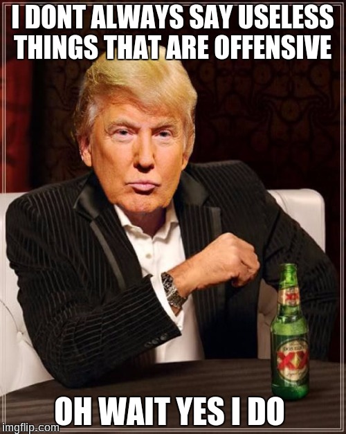 Used this as a comment but i found it funny by itself too  | I DONT ALWAYS SAY USELESS THINGS THAT ARE OFFENSIVE; OH WAIT YES I DO | image tagged in donald trump,memes,idiot | made w/ Imgflip meme maker