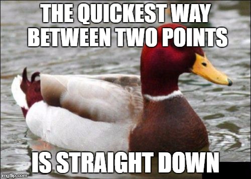 Malicious Advice Mallard Meme | THE QUICKEST WAY BETWEEN TWO POINTS; IS STRAIGHT DOWN | image tagged in memes,malicious advice mallard | made w/ Imgflip meme maker